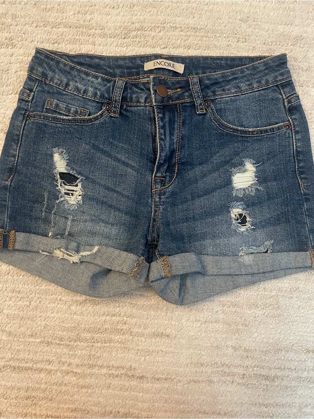 Encore Jeans Blue Distressed Rolled-Hem Denim Shorts
